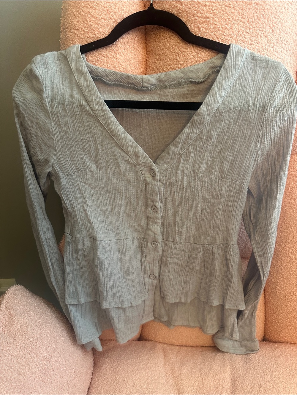 Light Gray Layered V-Neck Button-Front Women's Blouse